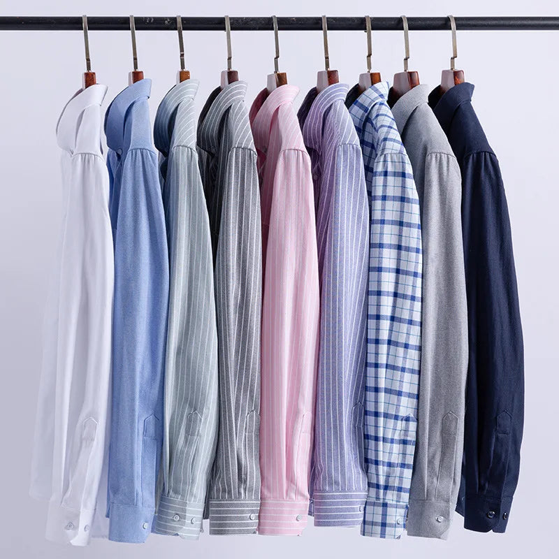 Men's 100% Cotton Oxford Plaid Shirt - Soft Regular Fit Long Sleeve Formal Dress Shirt with Pocket S-7XL