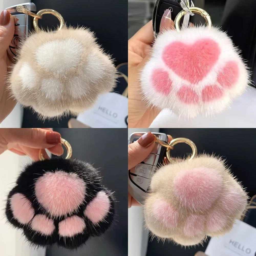 Cat Paw Plush Keychain - Cute Fluffy Faux Fur Pendant Charm for Backpacks, Bags & Car Keys