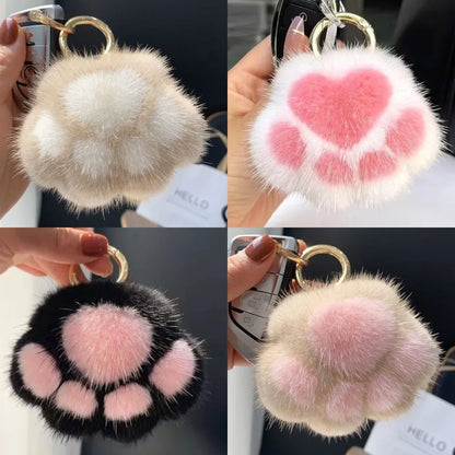 Cat Paw Plush Keychain - Cute Fluffy Faux Fur Pendant Charm for Backpacks, Bags & Car Keys