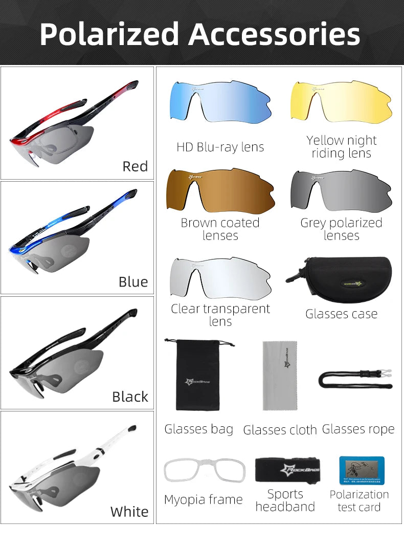 ROCKBROS Cycling Sunglasses — Polarized Photochromic MTB Sports Goggles with 5/3 Lenses