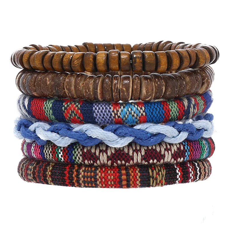 4Pcs Men's Braided Leather Bracelets Set – Vintage Life Tree & Rudder Charms, Wood Beads, Ethnic Tribal Wristbands
