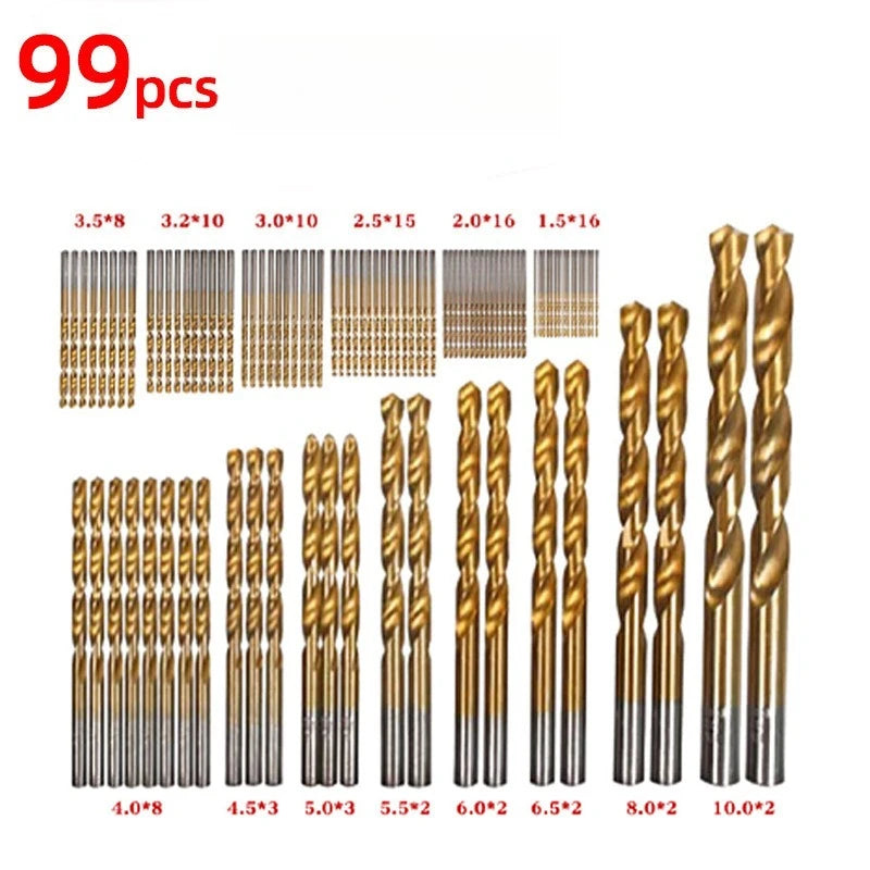 Titanium Coated High Speed Steel Drill Bit Set - 50/99pcs Hex Shaft Twist Bits for Metal Wood & Plastic Drilling