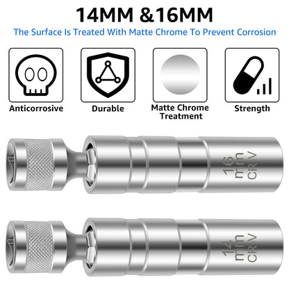 2Pcs Magnetic Swivel Spark Plug Socket Set – 14mm & 16mm Removal & Installation Tool