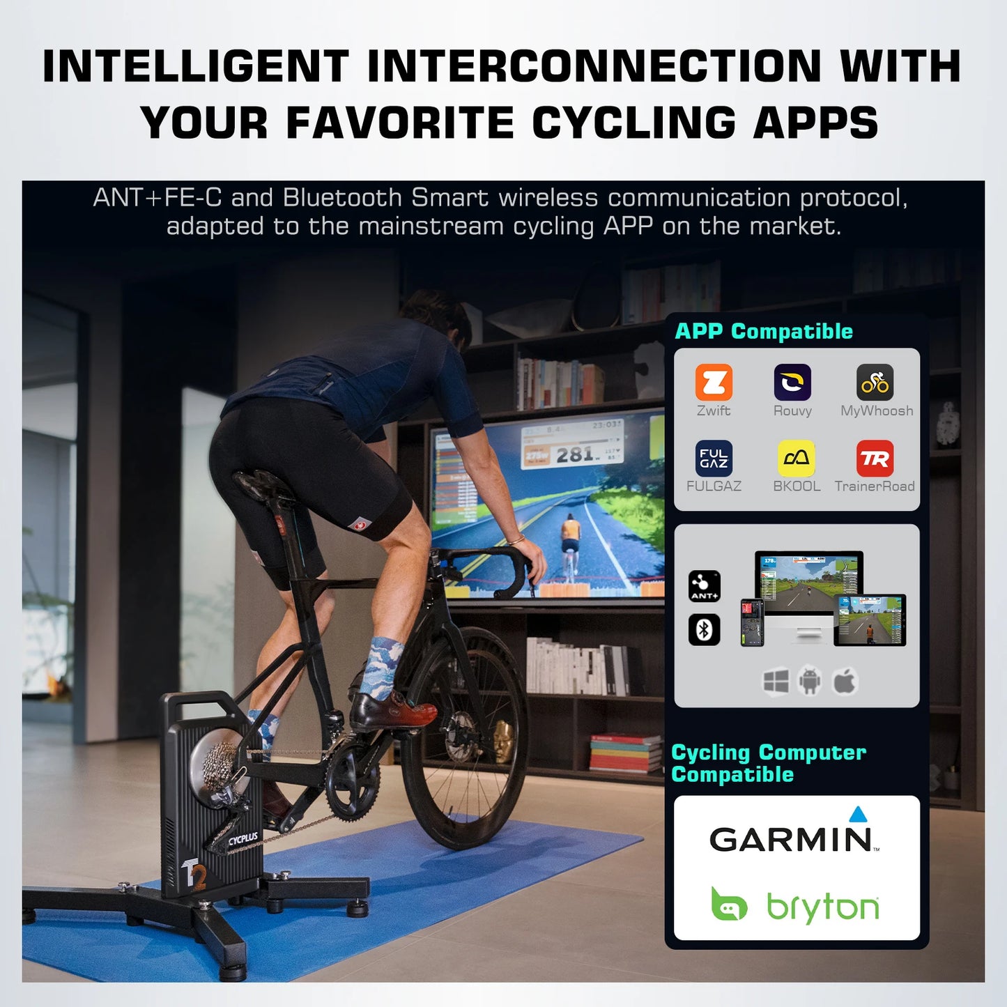 CYCPLUS T2 Indoor Cycling Trainer — Direct Drive Exercise Bike with ANT+ & BLE 5.0 Power Meter
