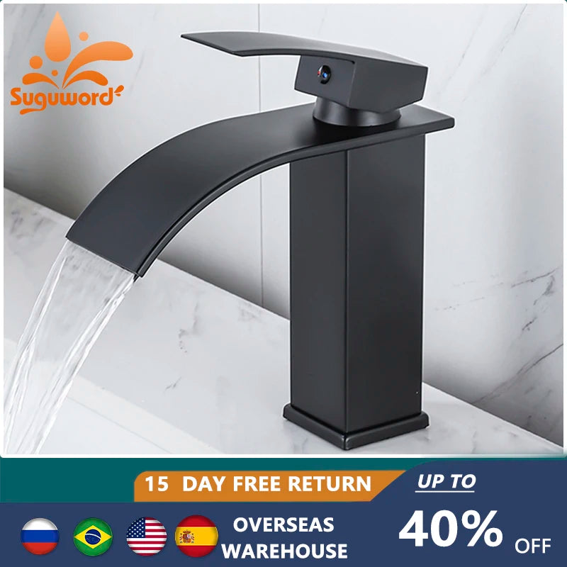 Bathroom Basin Sink Faucet - Deck Mount Waterfall Spout Tap with Single Handle, Hot & Cold Water Mixer for Vanity Washbasin