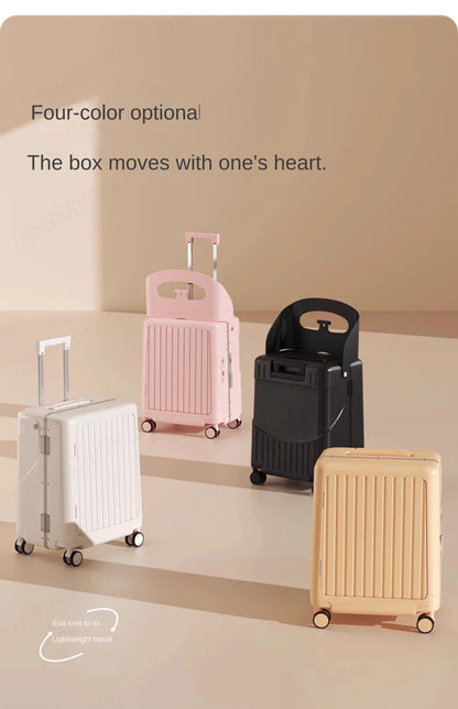 2025 Kids Suitcase with Seat & Charging Port – Baby Boarding Trolley Luggage with Safety Belts & Side Opening, 20/22/24 inch
