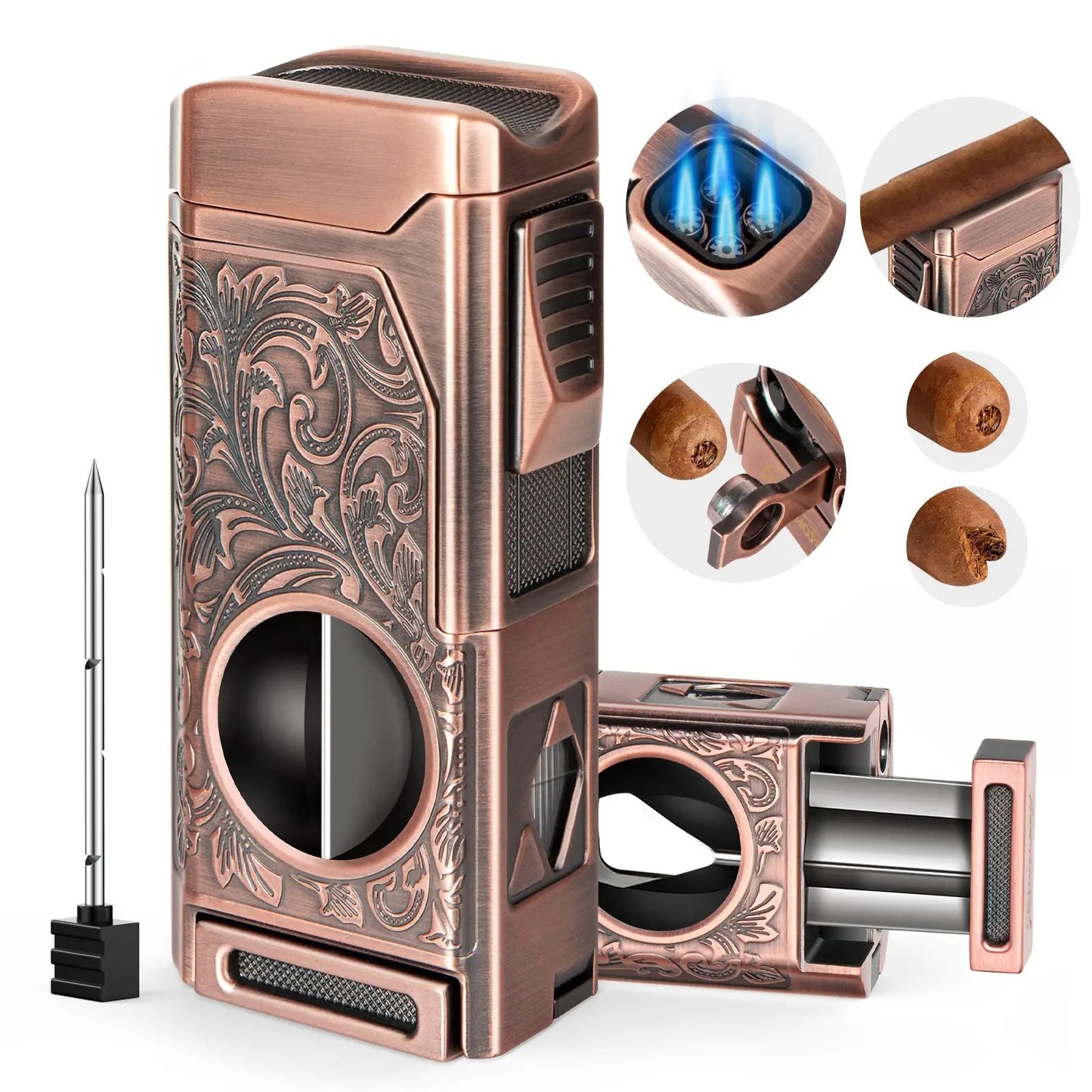 4 Jet Flame Cigar Lighter – Refillable Butane Lighter with V-Cut Cutter, Punch, Holder & Draw Enhancer