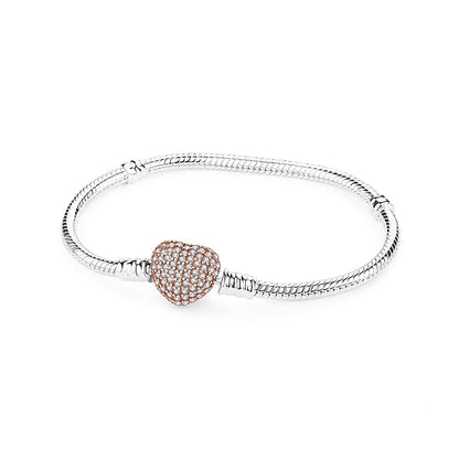 925 Sterling Silver Love Heart Charm Bracelet – Rose Gold Snake Chain Bangle for Women | DIY Luxury Bead Jewelry Accessories