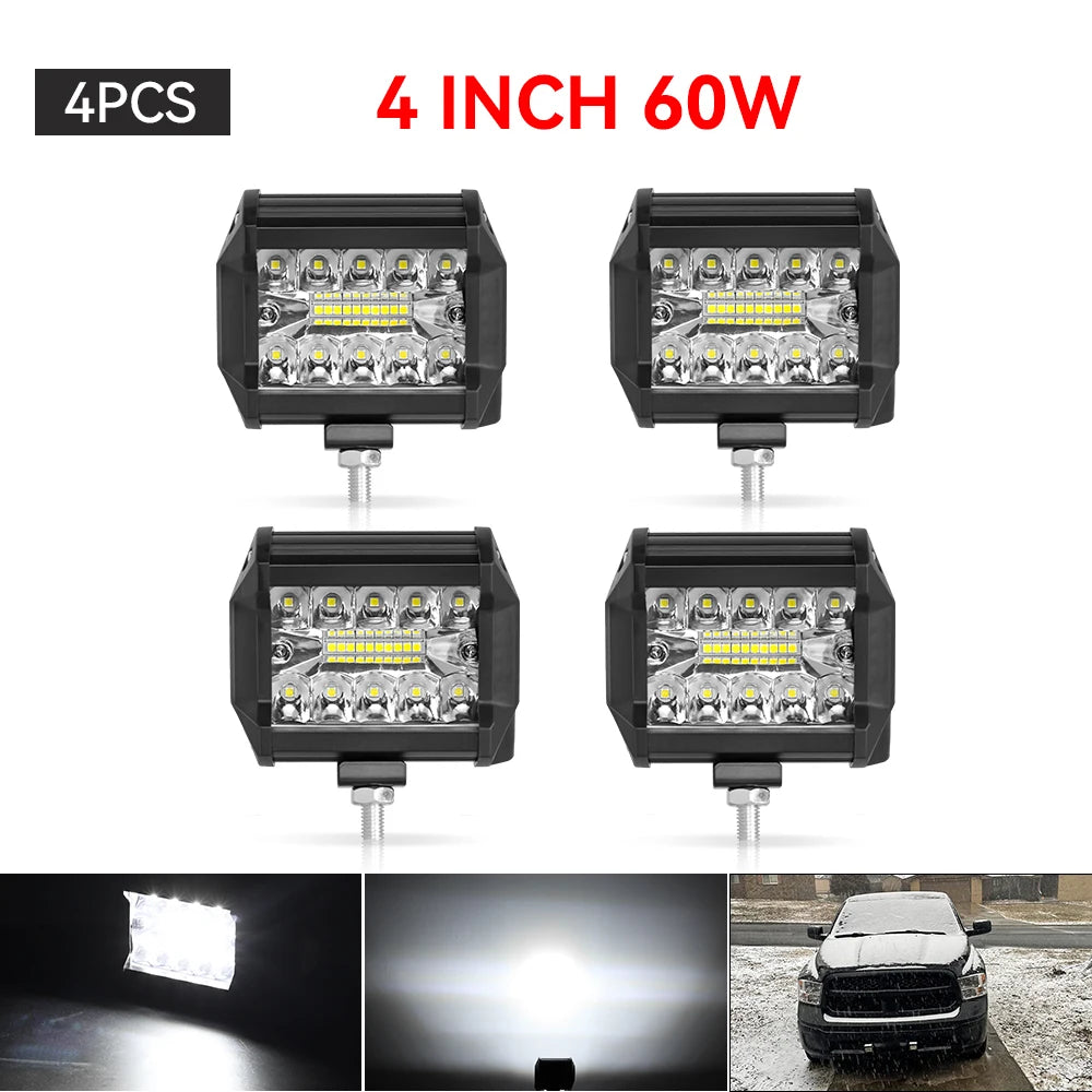 4" / 7" LED Work Light Bar 144W/120W Spot Flood Combo – Off-Road Lighting for Car, Tractor, Boat, Truck, SUV & ATV Repair & Utility Use