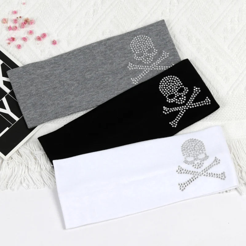 Skull Rhinestone Hairband - Retro Punk Wide-Edge Sports Headband with Elastic Anti-Sweat Design