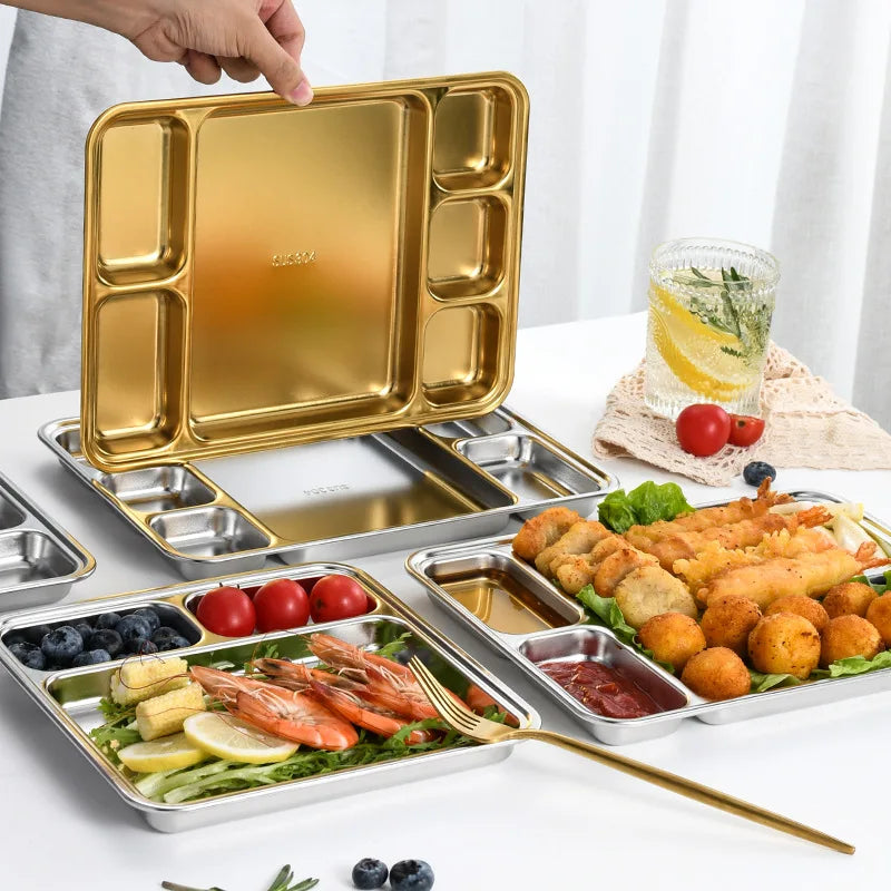 Gold Stainless Steel Divided Dining Plate – Compartment Food Serving Tray Kitchen Tableware