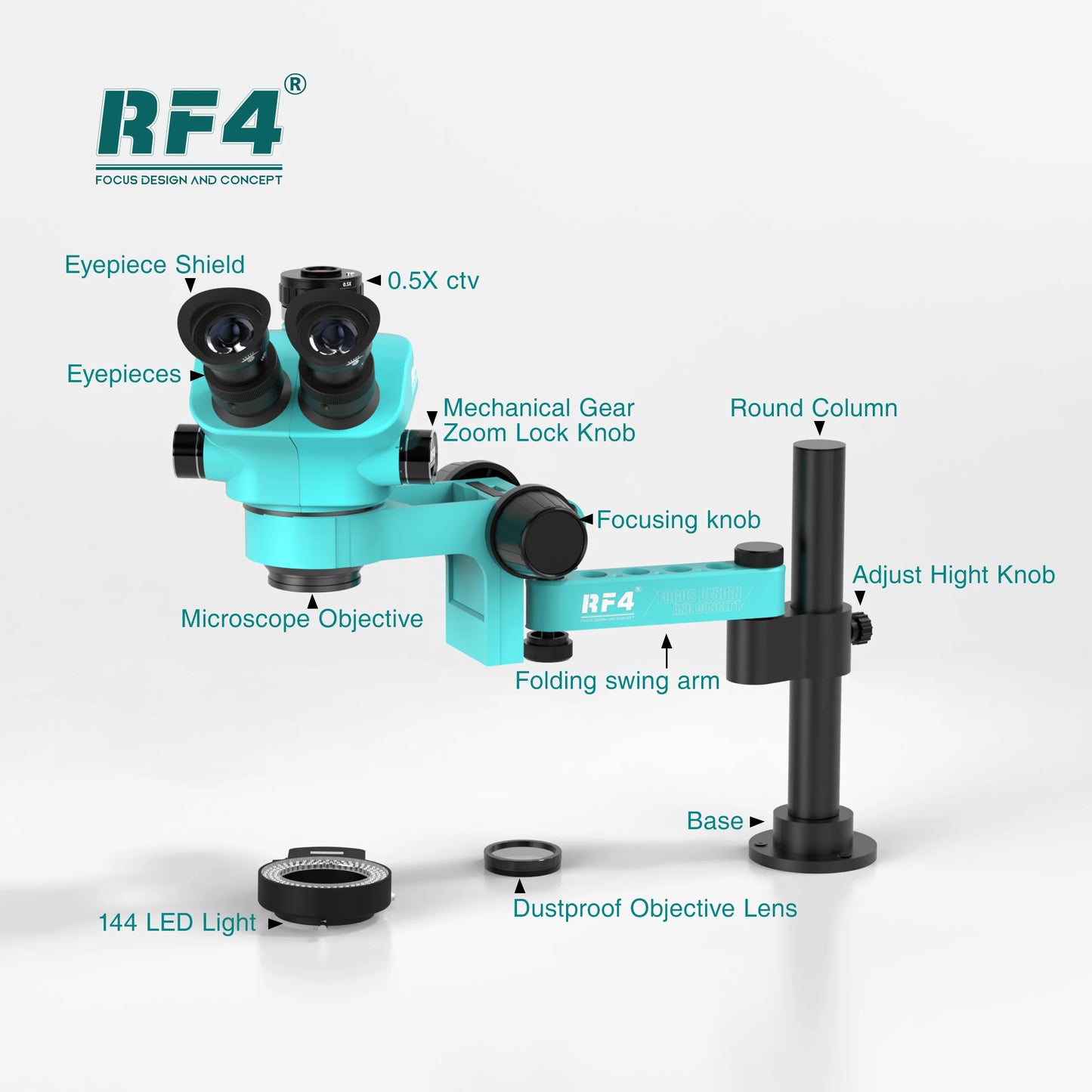RF4 Trinocular Stereo Microscope Set – 360° Rotation Articulating Arm Stand, Phone Soldering & PCB Repair, Model RF7050TVPRO-F019