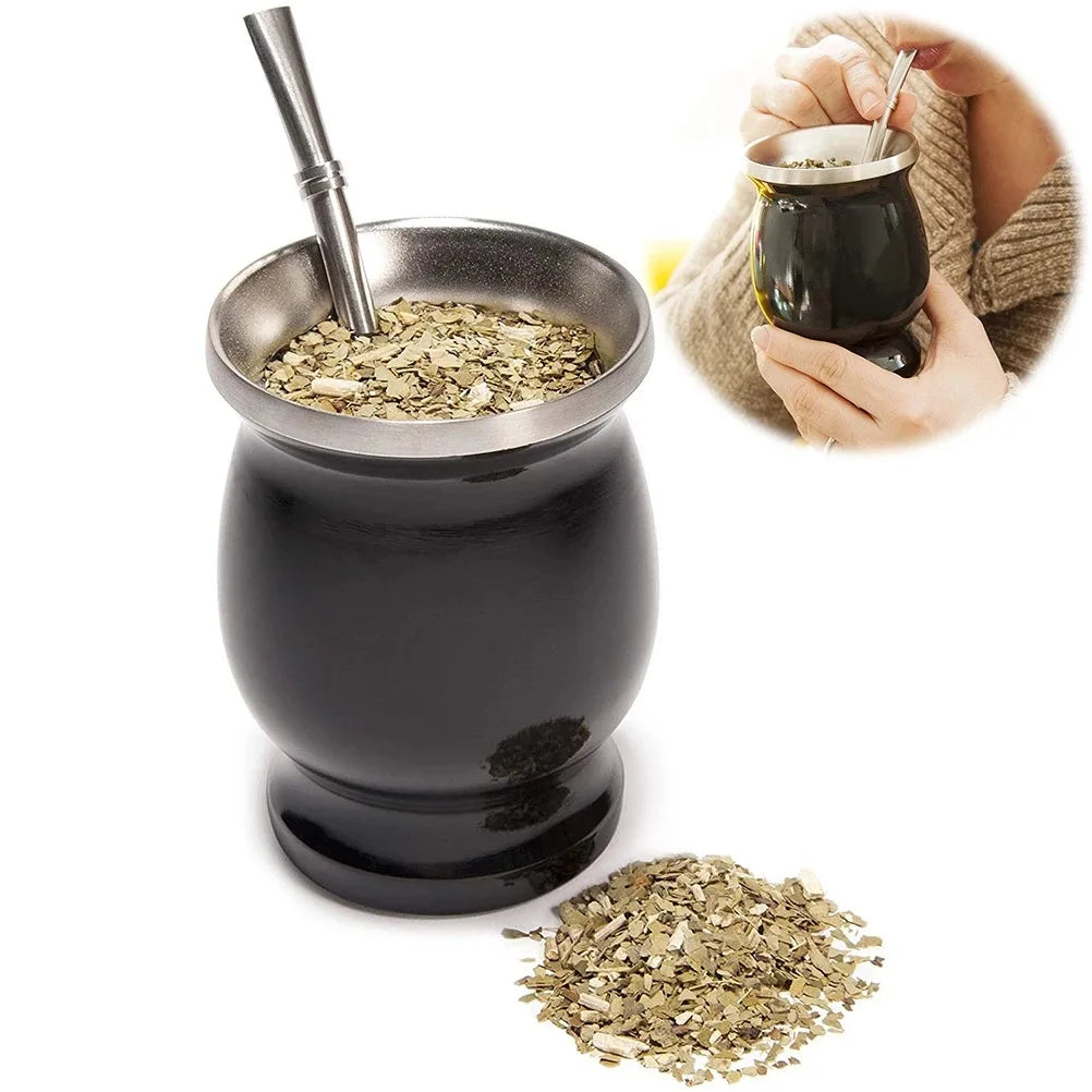 8oz 304 Stainless Steel Yerba Mate Cup Set – Double Wall Argentine Gourd with Bombilla Straw & Cleaning Brush Travel Mug