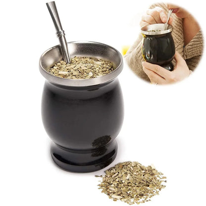 8oz 304 Stainless Steel Yerba Mate Cup Set – Double Wall Argentine Gourd with Bombilla Straw & Cleaning Brush Travel Mug