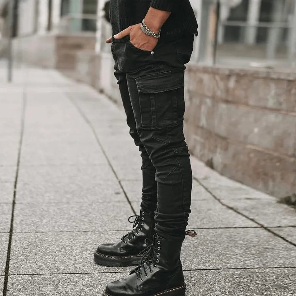 Men's Elastic Denim Cargo Pants - Casual Mid-Waist Jeans with Multi Pockets, Slim Fit Daily Wear Joggers in Solid Color