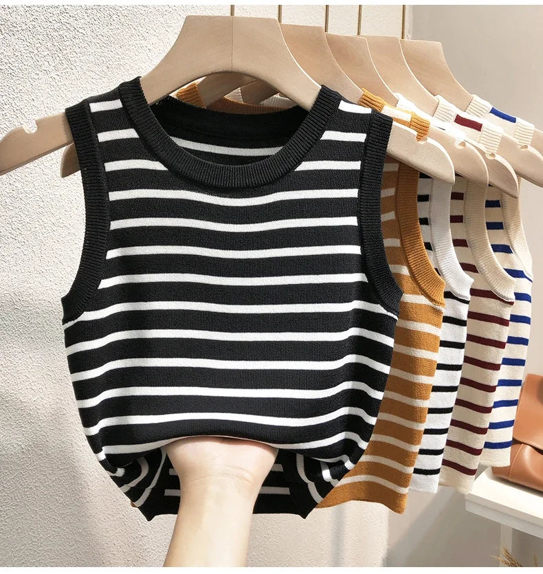 Women's Striped Sleeveless Tank Top — Knitted Crop Summer & Spring Casual Slim Fit Vest Camis