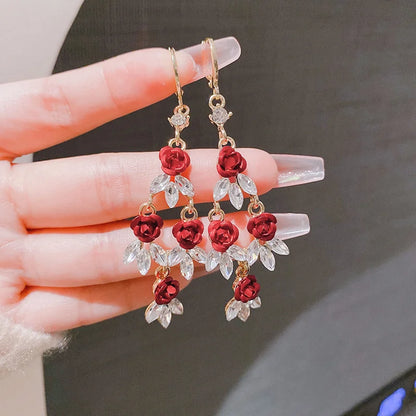 French Red Rose Tassel Earrings - Elegant Flower Zircon Dangle Jewelry for Bridal Weddings & Parties