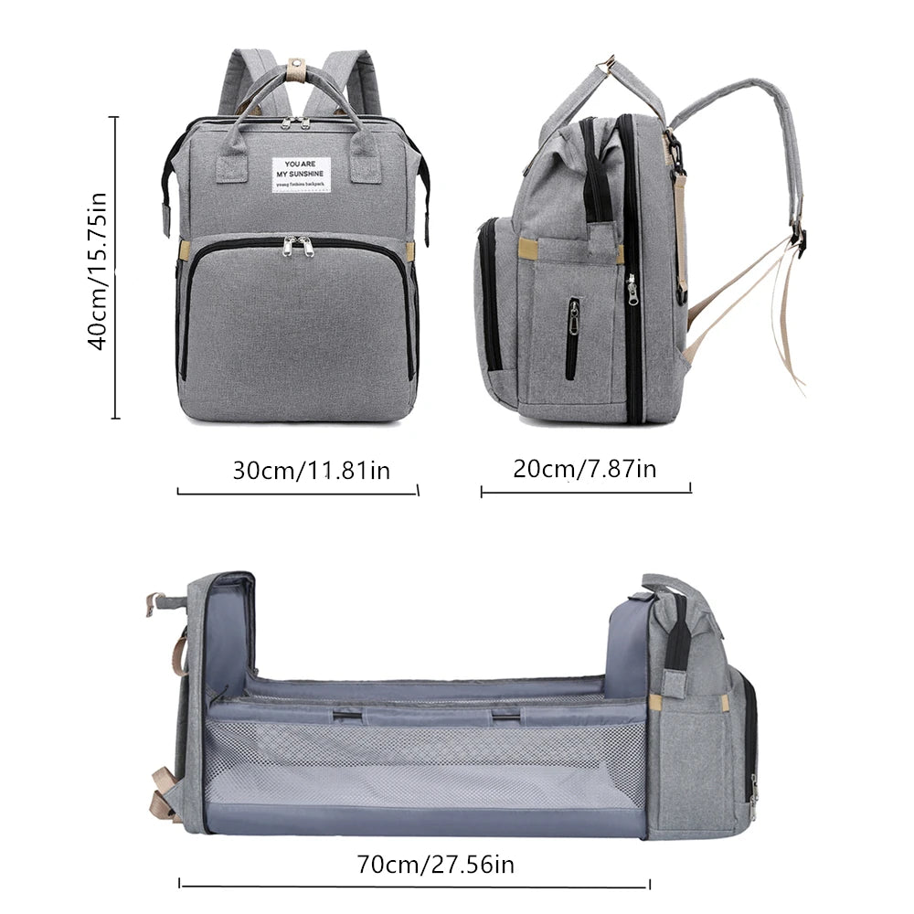 Foldable Diaper Bag with Changing Station – Large Capacity Mommy Backpack with Insulated Pocket, Multifunctional Baby Travel Bag with Bed & Double Shoulder Straps