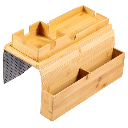 Bamboo Couch Cup Holder with Side Storage Pocket – Anti-Slip Foldable Sofa Armrest Tray for Cups, Snacks & Drinks