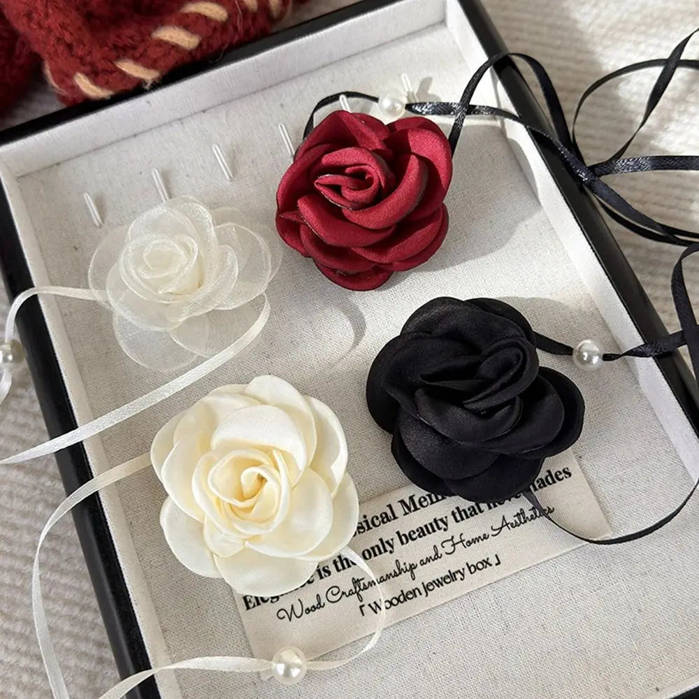 Romantic Rose Flower Necklace - New Adjustable Cloth Clavicle Chain, Fashion Retro Pearl Strap for Women