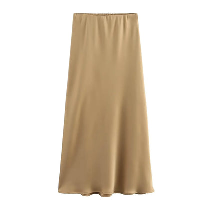 Willshela 2024 Women’s Black Satin High Waist Midi Skirt – Elegant Long Office & Summer Fashion Skirt for Women, Slim Fit Casual Wear