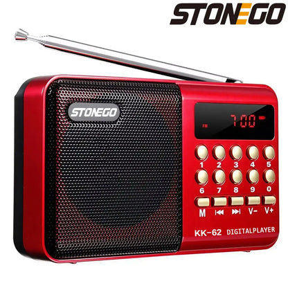 STONEGO Mini Portable Radio — Handheld Rechargeable Digital FM Radio with USB/TF MP3 Player, Speaker Device for On-the-Go Use