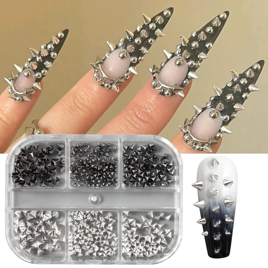 Metallic Rivet Nail Charms - 6-Grid Gold, Silver & Black Punk Spike Studs for Nail Art & DIY Designs