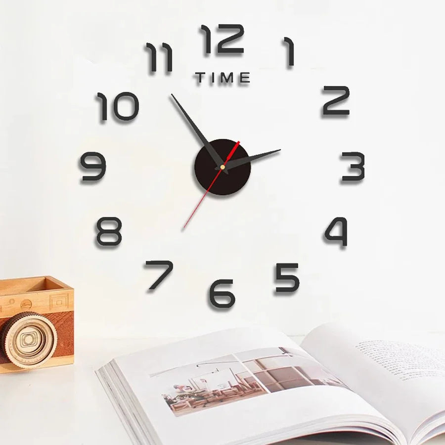 Large 3D DIY Silent Wall Clock — Simple Modern Punch-Free Wall Sticker in Black, Gold, or Silver