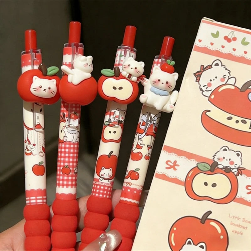 4-Piece Kawaii Apple Cat Gel Pen Set – 0.5mm Black Ink Cute Soft-Grip Pens for School and Office