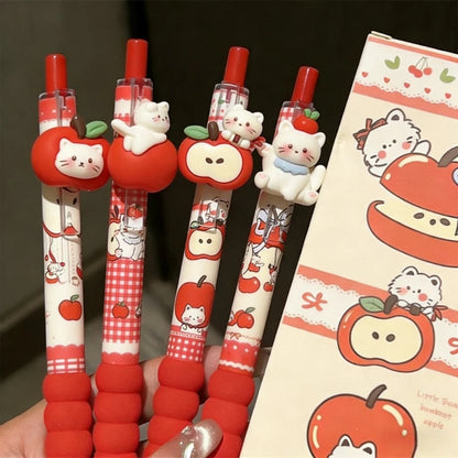 4-Piece Kawaii Apple Cat Gel Pen Set – 0.5mm Black Ink Cute Soft-Grip Pens for School and Office
