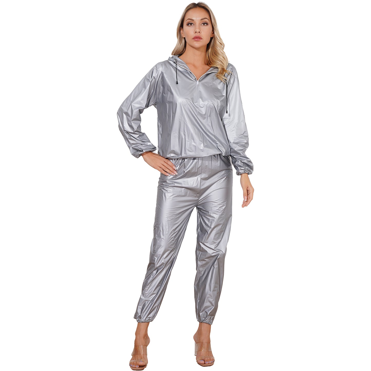 Unisex PVC Sauna Suit — Long Sleeve Top & Elastic Waistband Pants for Men & Women, Slimming Fitness Workout Outfit