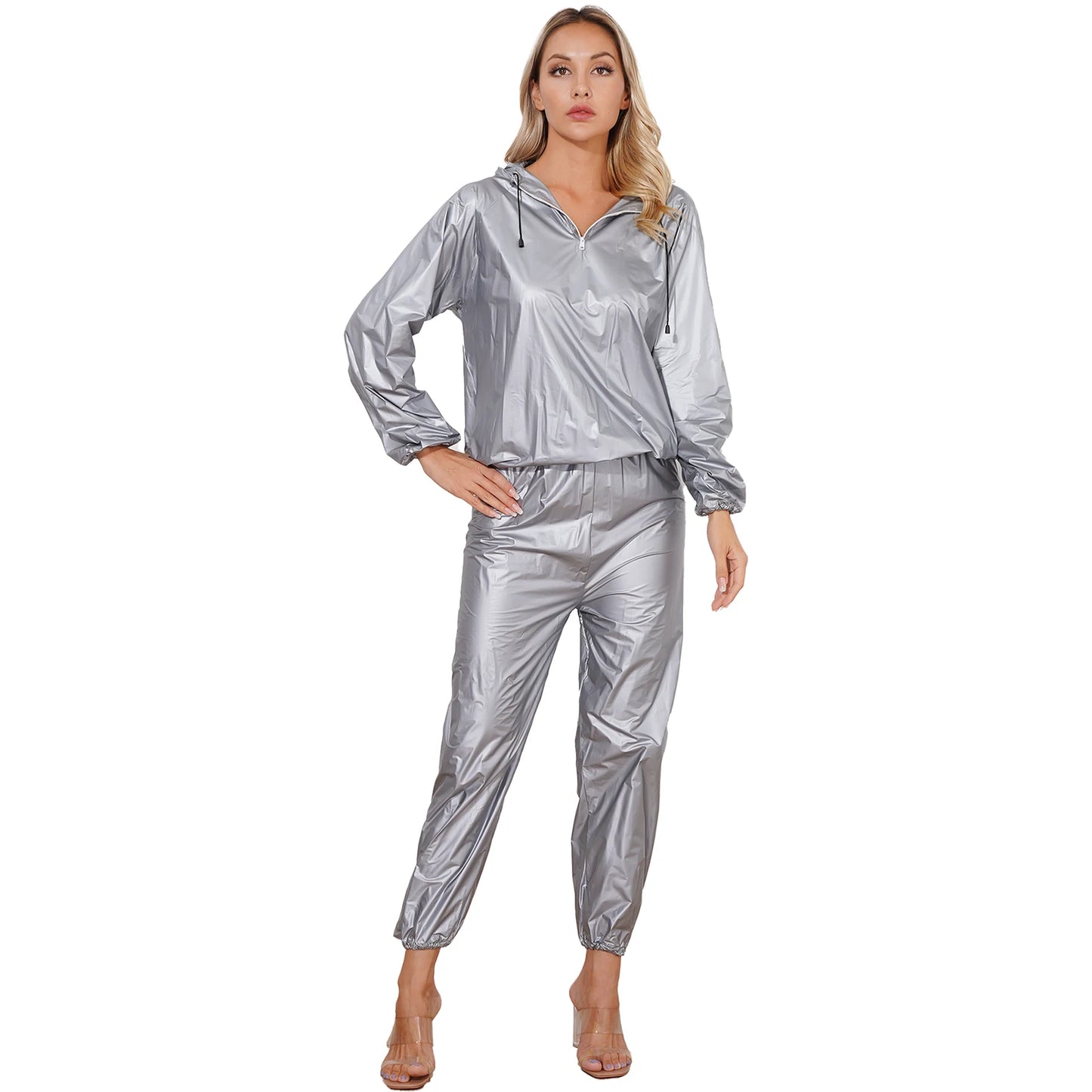 Unisex PVC Sauna Suit — Long Sleeve Top & Elastic Waistband Pants for Men & Women, Slimming Fitness Workout Outfit
