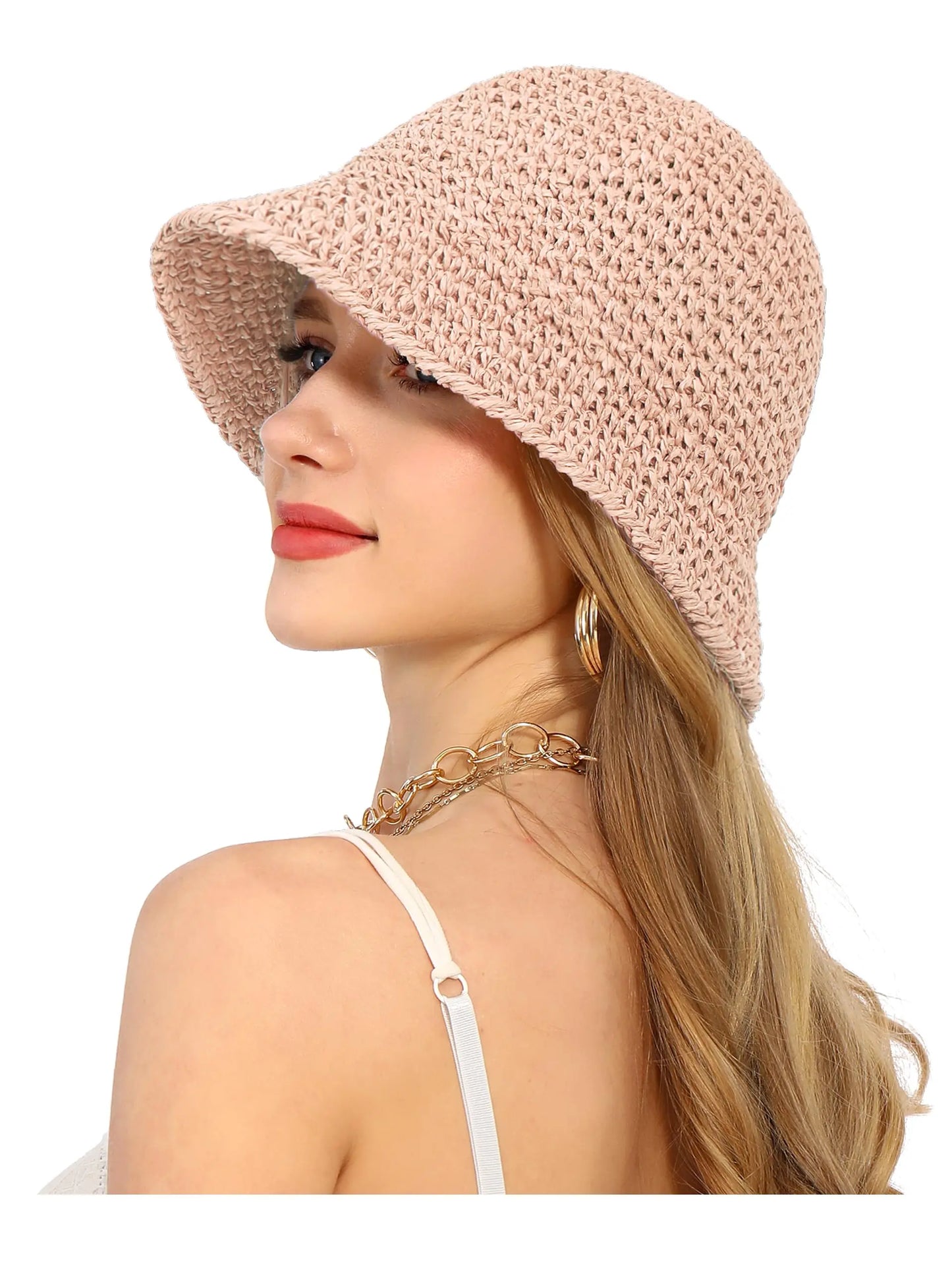 Women’s Summer Crochet Straw Bucket Hat – UV-Protect, Breathable Foldable Sunshade Cap for Beach & Outdoor Fashion