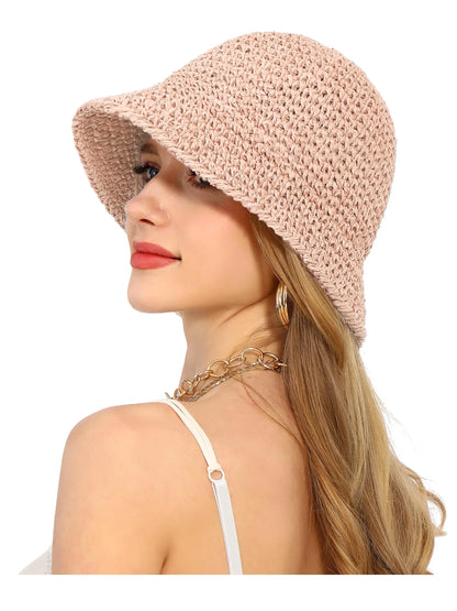 Women’s Summer Crochet Straw Bucket Hat – UV-Protect, Breathable Foldable Sunshade Cap for Beach & Outdoor Fashion