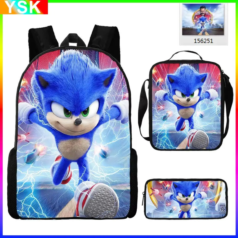 3PC Sonic Backpack School Bag Set – Anime Cartoon Zipper Backpack for Boys & Girls, Primary and Middle School Students