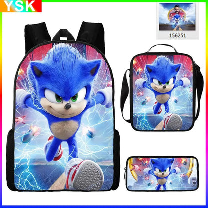 3PC Sonic Backpack School Bag Set – Anime Cartoon Zipper Backpack for Boys & Girls, Primary and Middle School Students