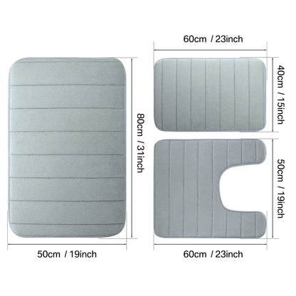 3PC Set Non-Slip Memory Foam Bath Mats - Soft, Water Absorbent, Quick-Dry, Machine Washable Floor Rugs