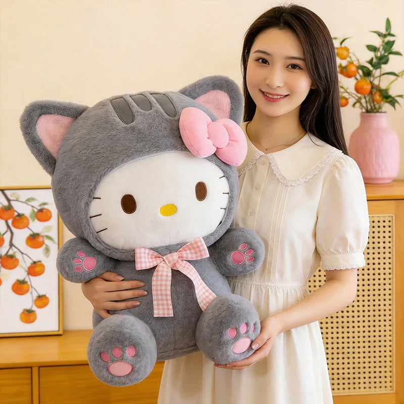 Cute Grey Cat Hello Kitty Plush Doll - Checkered Bow Stuffed Toy, Soft Pillow & Home Decoration Gift, 20–60 cm