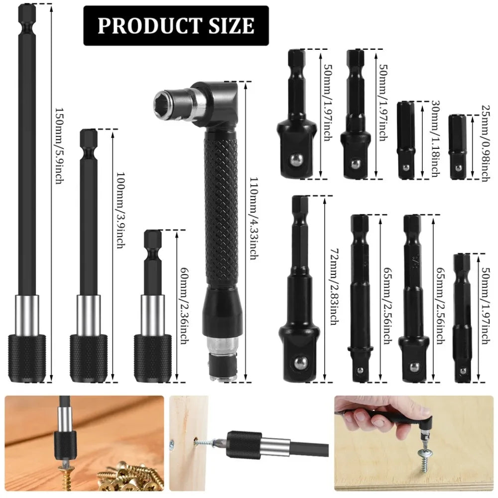 Flexible Drill Bit Extension & Right Angle Adapter Set – 105° Rotatable Hex Shank Screwdriver Bit Kit