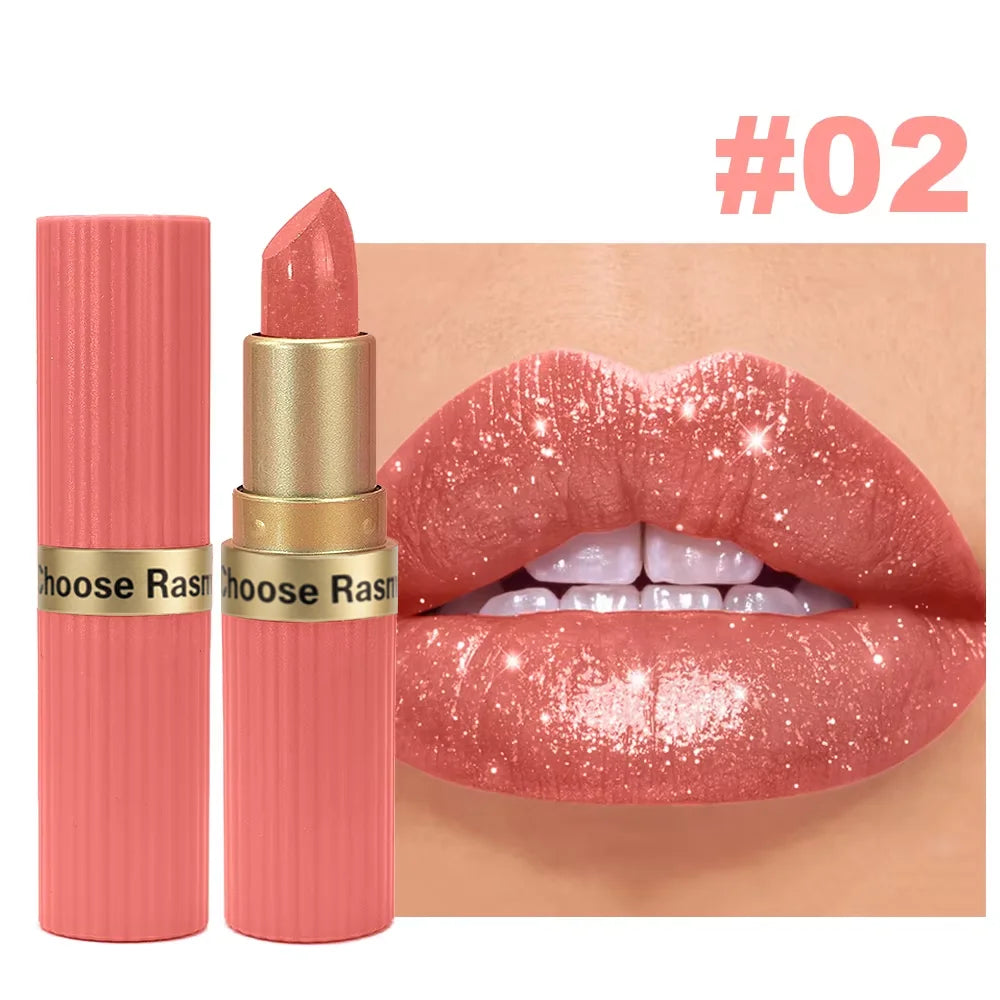 Pearlescent Pink Glitter Lipstick - Waterproof Long-Lasting Matte Metallic Shimmer Makeup