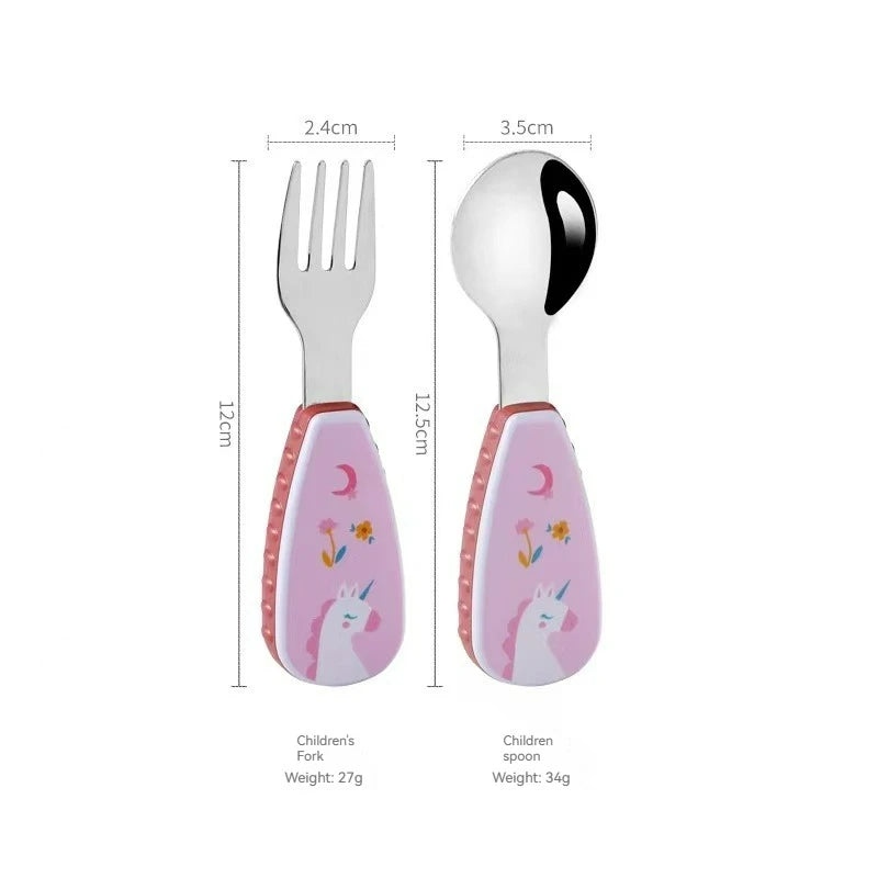 Toddler Dinosaur Spoon & Fork Set - Stainless Steel Cartoon Feeding Utensils with Short Handle for Kids