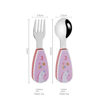 Toddler Dinosaur Spoon & Fork Set - Stainless Steel Cartoon Feeding Utensils with Short Handle for Kids