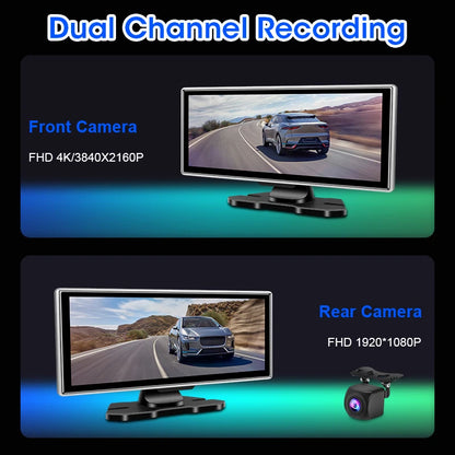 10/11.26" 4K Dash Cam — Dual Lens Car DVR with Wireless CarPlay, Android Auto, GPS & WiFi Video Recorder