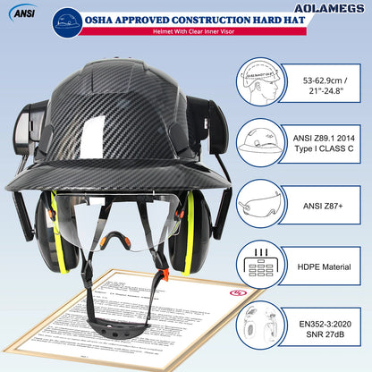 CE Full Brim Safety Helmet - HDPE Construction Hard Hat with Built-In Goggles & Earmuffs