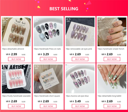 10 Pcs Handmade Short Square Press-On Nails – Full Cover Flower & Cat Eye Ballet False Nails Manicure Tips