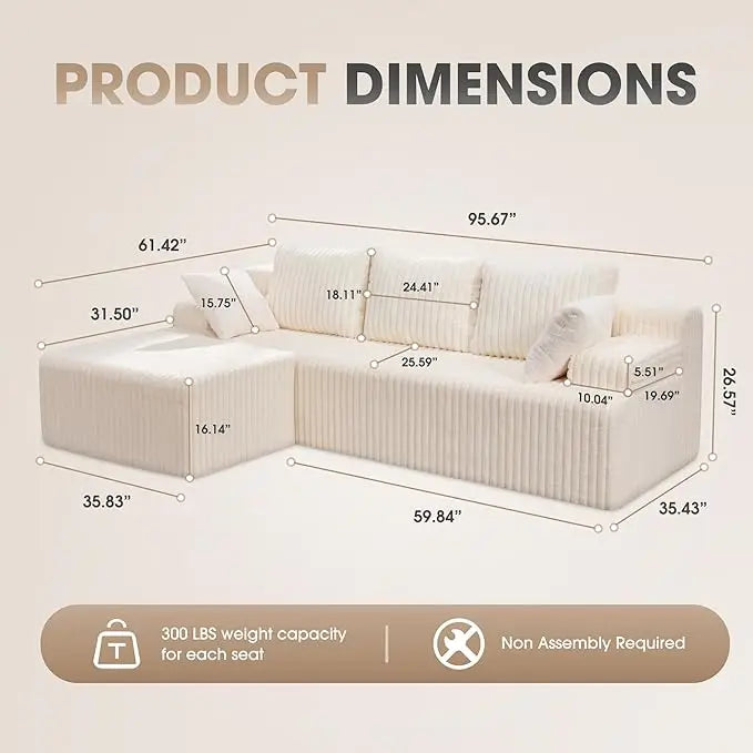 Modular L-Shaped 3-Seat Sectional Sofa — Memory Foam, Deep Seating & Storage