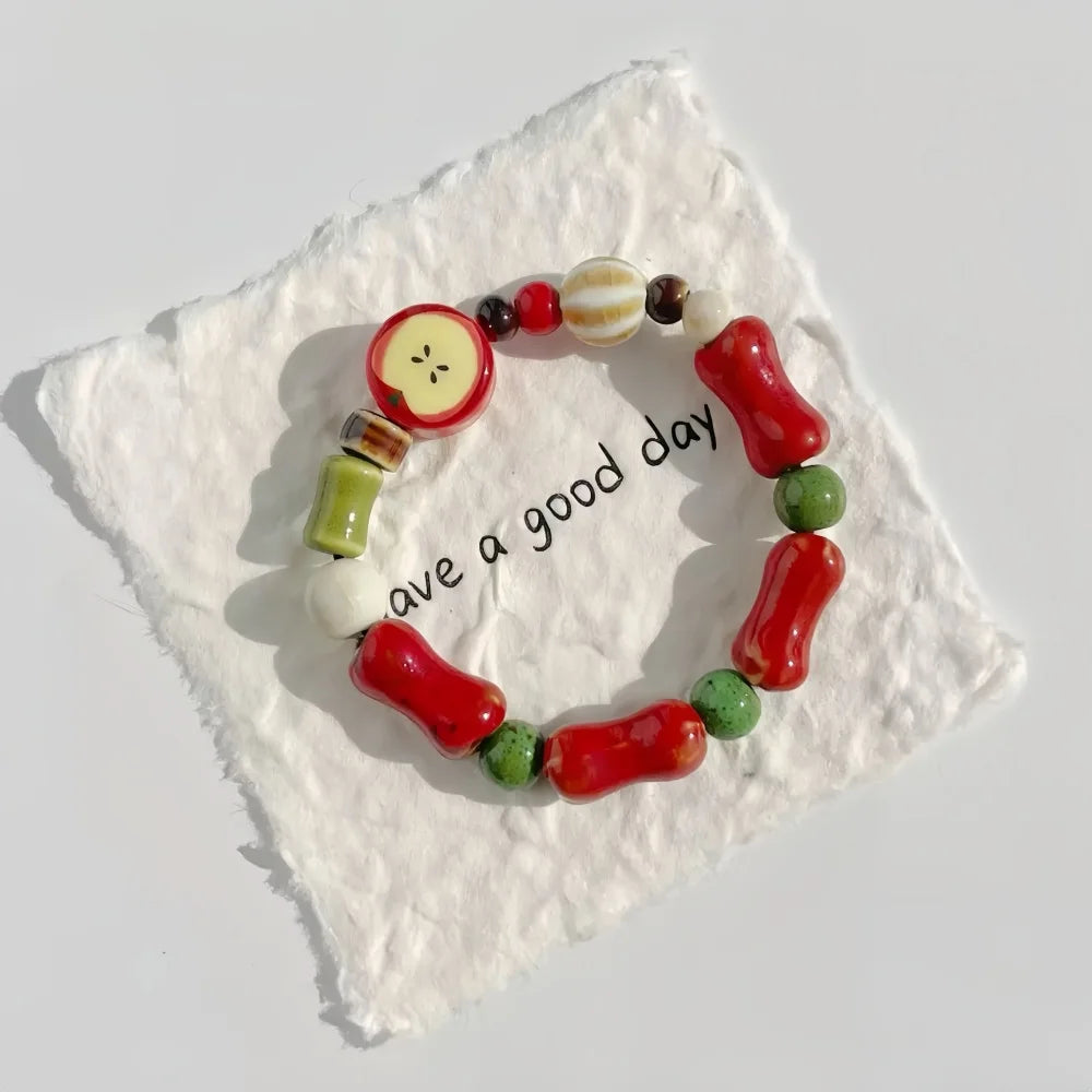 Retro Apple Ceramic Bead Bracelet - Colorful Star Charm Fashion Jewelry Accessory for Women