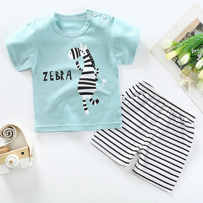 Kid Boy Summer 2-Piece Set – Soft Cotton Short Sleeve Tee & Stripe Shorts with Cartoon Zebra Print, Casual Sportswear for Ages 1-6
