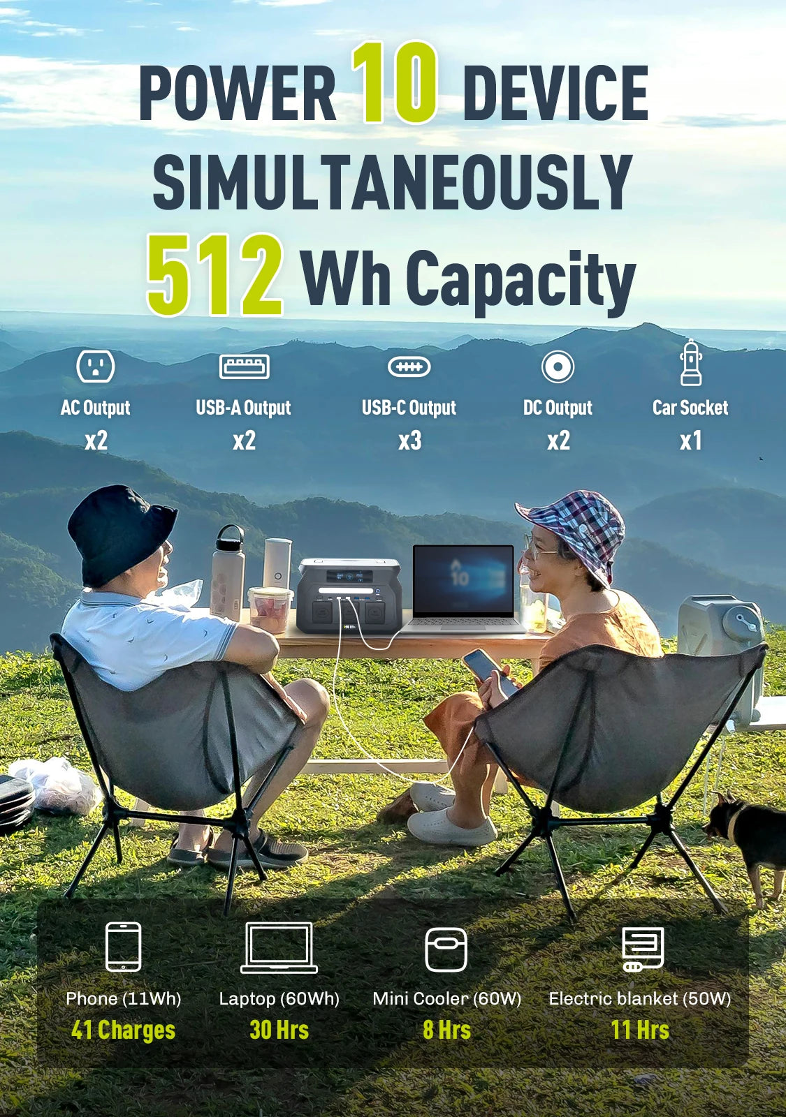 IEE 800W Portable Power Station 512Wh LiFePO4 Battery - 1600W Peak Solar Generator with 2 AC Outlets for Camping, RV, Home Emergency & Outdoor Travel