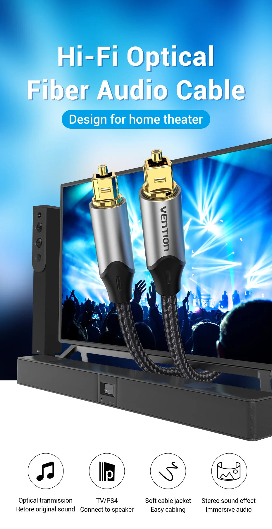 Vention Digital Optical Audio Cable – Toslink SPDIF Coaxial, 1m/2m for Amplifiers, Blu-ray, Xbox 360, PS4, Soundbar, Fiber Cable